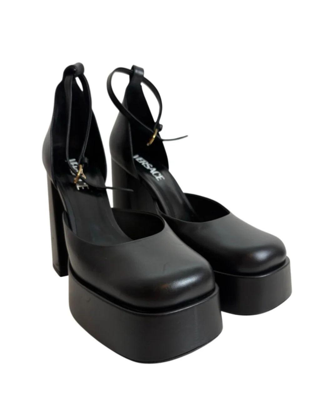 NEW Versace Medusa Aevitas Platform Pumps Black Leather Ankle Strap Heels IT 38